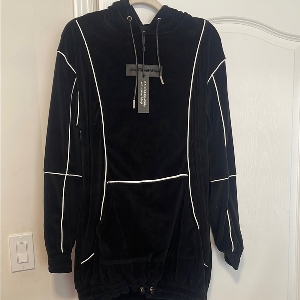 Maniere De Voir Black Hoodie dress with White Piping